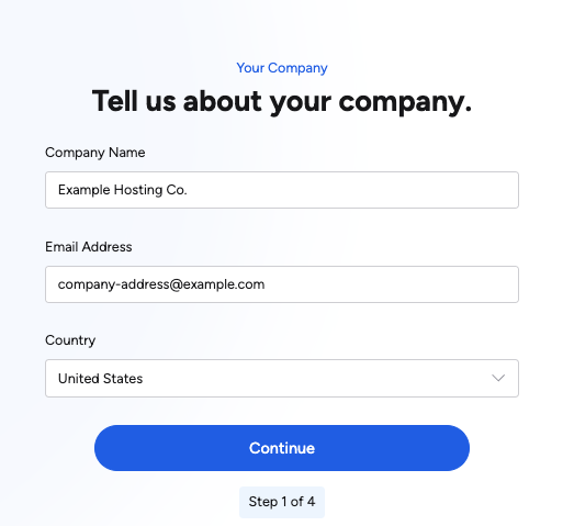Configuring company information in the Getting Started Wizard.