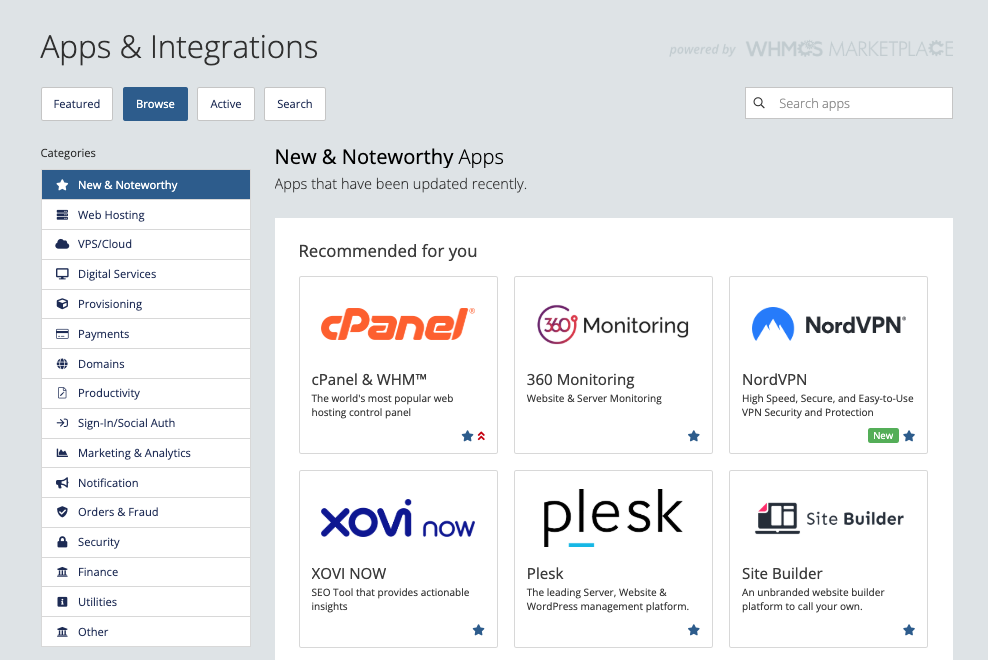 Apps & Integrations in the WHMCS Admin Area