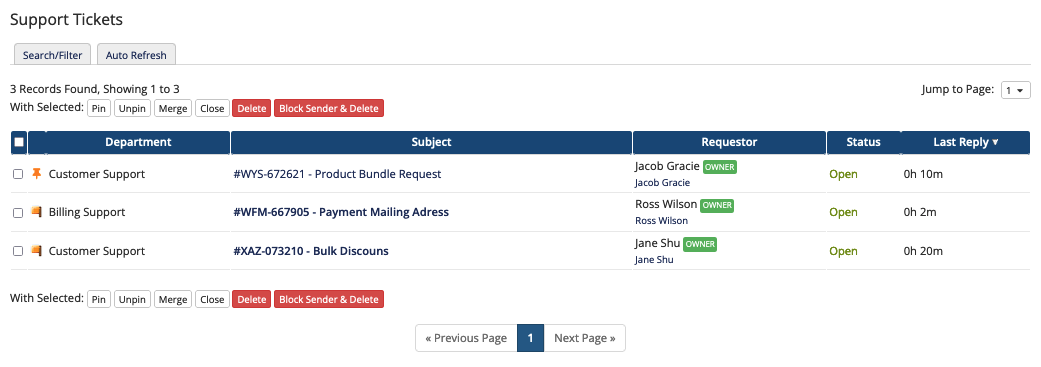 The support ticket list in the Admin Area
